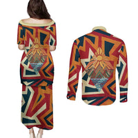 Native American Warrior Couples Matching Puletasi and Long Sleeve Button Shirt with Tribal Geometric Pattern Bold Sunset Mountain - Wonder Print Shop