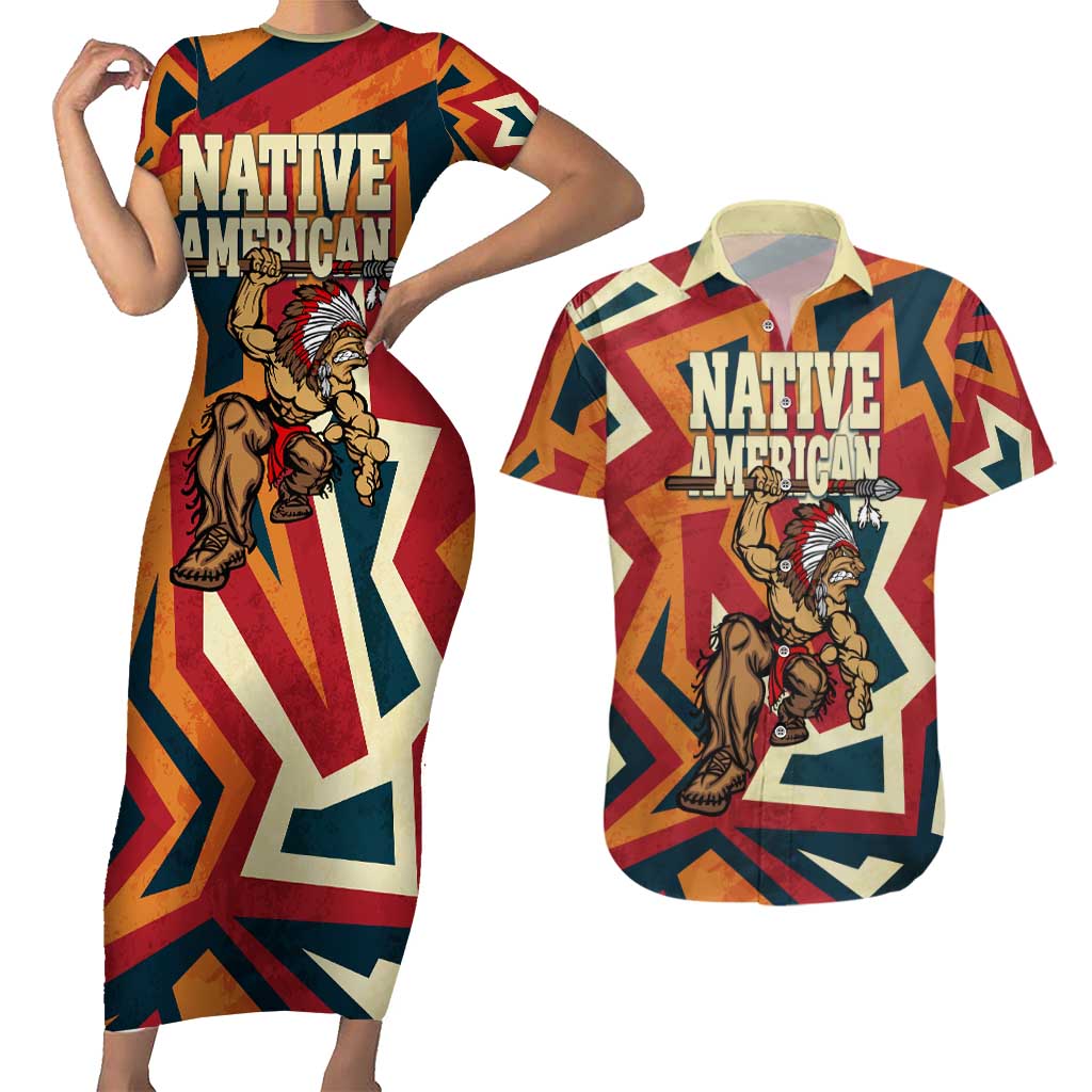 Native American Warrior Couples Matching Short Sleeve Bodycon Dress and Hawaiian Shirt with Tribal Geometric Pattern Bold Sunset Mountain - Wonder Print Shop