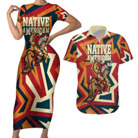 Native American Warrior Couples Matching Short Sleeve Bodycon Dress and Hawaiian Shirt with Tribal Geometric Pattern Bold Sunset Mountain - Wonder Print Shop