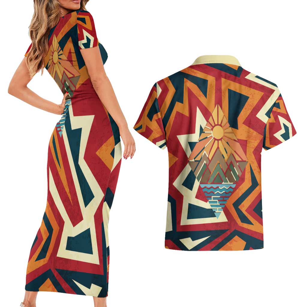 Native American Warrior Couples Matching Short Sleeve Bodycon Dress and Hawaiian Shirt with Tribal Geometric Pattern Bold Sunset Mountain - Wonder Print Shop