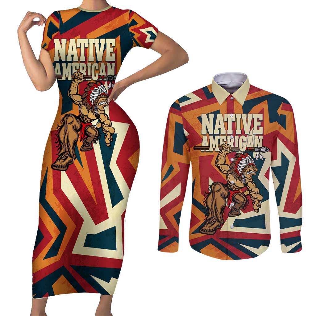 Native American Warrior Couples Matching Short Sleeve Bodycon Dress and Long Sleeve Button Shirt with Tribal Geometric Pattern Bold Sunset Mountain - Wonder Print Shop