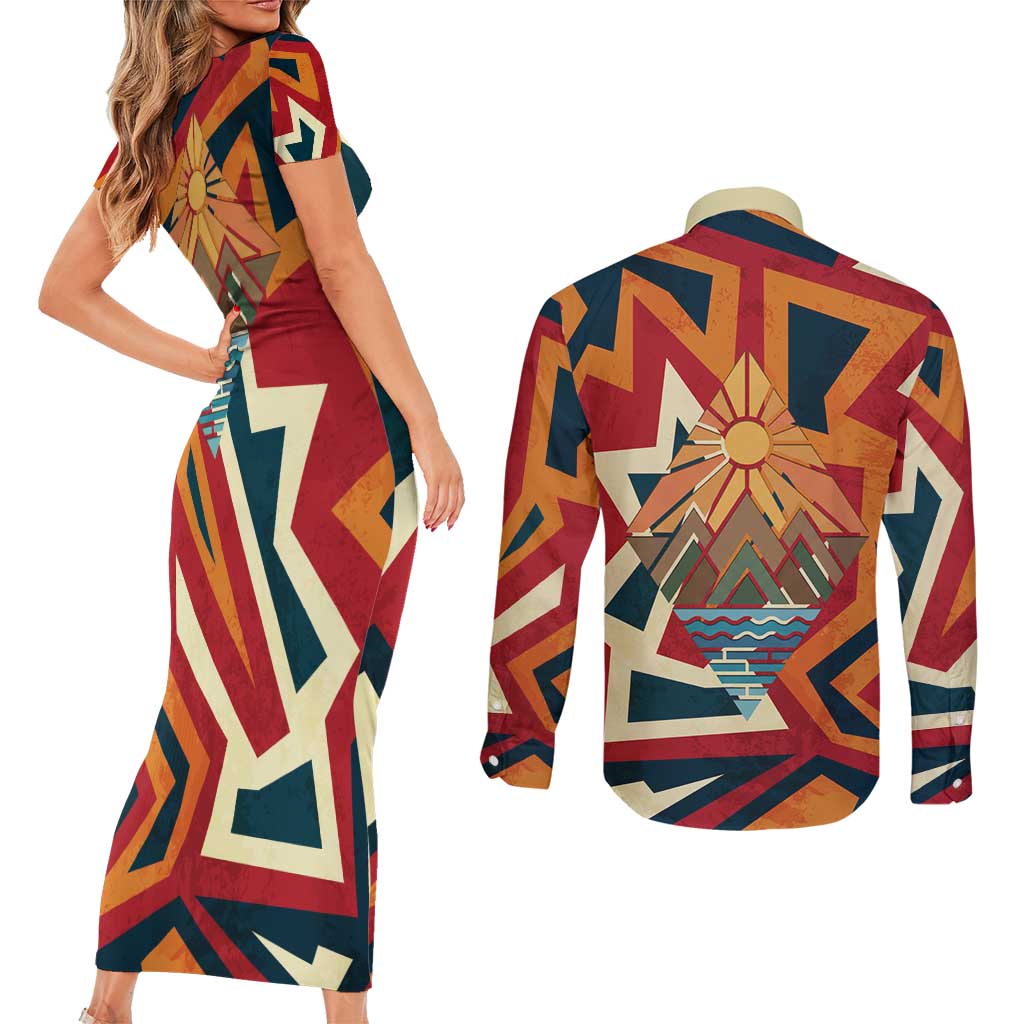 Native American Warrior Couples Matching Short Sleeve Bodycon Dress and Long Sleeve Button Shirt with Tribal Geometric Pattern Bold Sunset Mountain - Wonder Print Shop