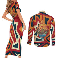 Native American Warrior Couples Matching Short Sleeve Bodycon Dress and Long Sleeve Button Shirt with Tribal Geometric Pattern Bold Sunset Mountain - Wonder Print Shop