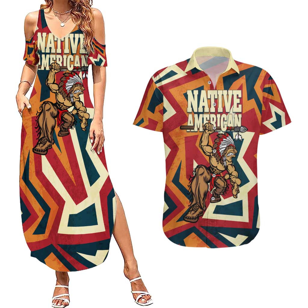Native American Warrior Couples Matching Summer Maxi Dress and Hawaiian Shirt with Tribal Geometric Pattern Bold Sunset Mountain - Wonder Print Shop