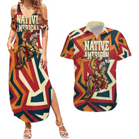 Native American Warrior Couples Matching Summer Maxi Dress and Hawaiian Shirt with Tribal Geometric Pattern Bold Sunset Mountain - Wonder Print Shop