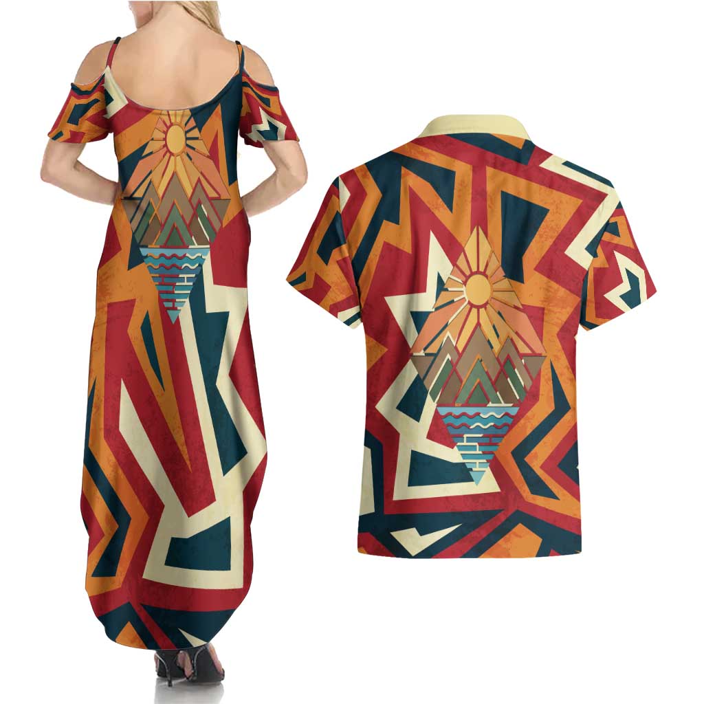Native American Warrior Couples Matching Summer Maxi Dress and Hawaiian Shirt with Tribal Geometric Pattern Bold Sunset Mountain - Wonder Print Shop