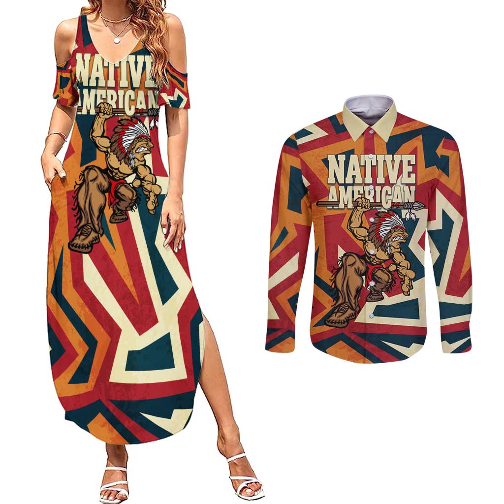 Native American Warrior Couples Matching Summer Maxi Dress and Long Sleeve Button Shirt with Tribal Geometric Pattern Bold Sunset Mountain - Wonder Print Shop