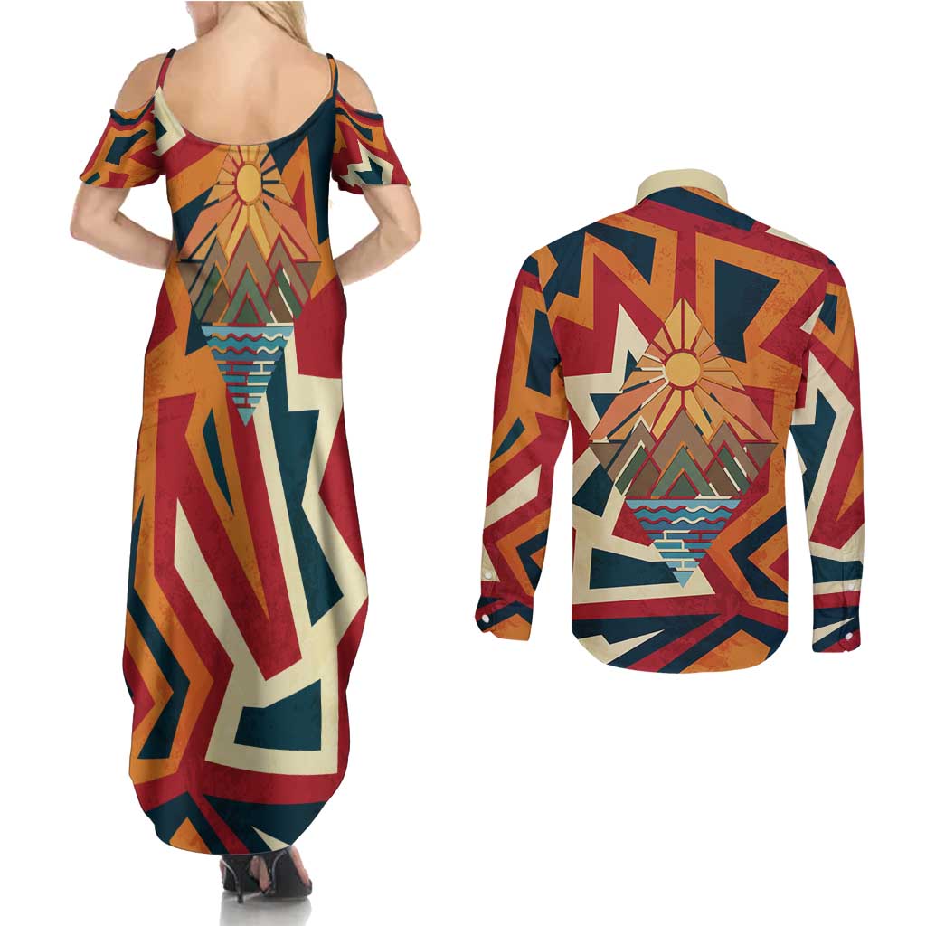 Native American Warrior Couples Matching Summer Maxi Dress and Long Sleeve Button Shirt with Tribal Geometric Pattern Bold Sunset Mountain - Wonder Print Shop