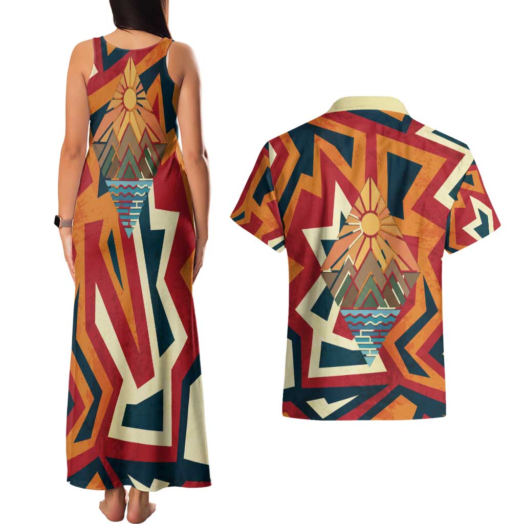 Native American Warrior Couples Matching Tank Maxi Dress and Hawaiian Shirt with Tribal Geometric Pattern Bold Sunset Mountain - Wonder Print Shop