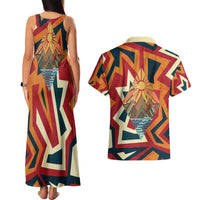 Native American Warrior Couples Matching Tank Maxi Dress and Hawaiian Shirt with Tribal Geometric Pattern Bold Sunset Mountain - Wonder Print Shop