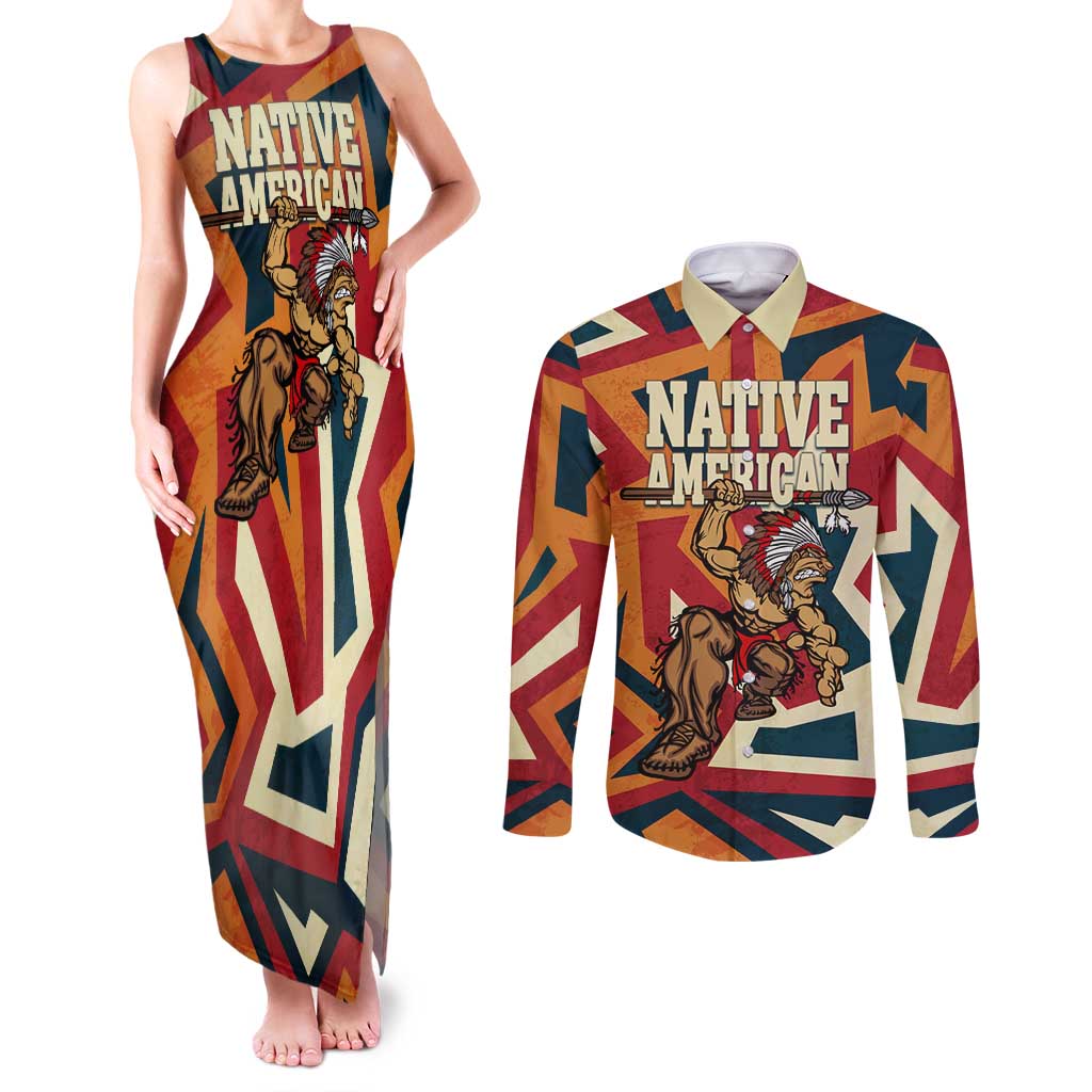 Native American Warrior Couples Matching Tank Maxi Dress and Long Sleeve Button Shirt with Tribal Geometric Pattern Bold Sunset Mountain - Wonder Print Shop