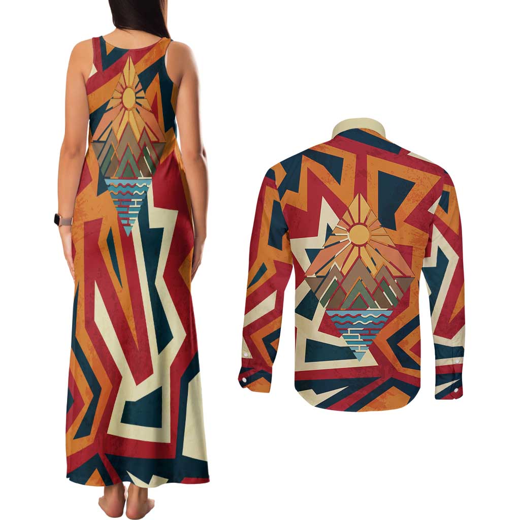 Native American Warrior Couples Matching Tank Maxi Dress and Long Sleeve Button Shirt with Tribal Geometric Pattern Bold Sunset Mountain - Wonder Print Shop