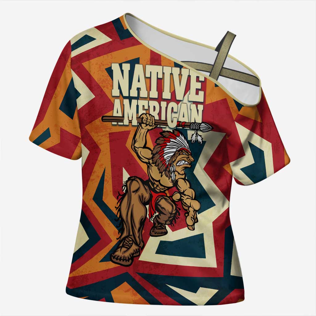 Native American Warrior Cross Shoulder Shirt with Tribal Geometric Pattern Bold Sunset Mountain - Wonder Print Shop