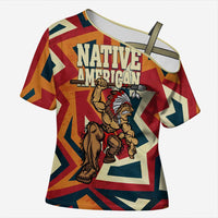Native American Warrior Cross Shoulder Shirt with Tribal Geometric Pattern Bold Sunset Mountain - Wonder Print Shop