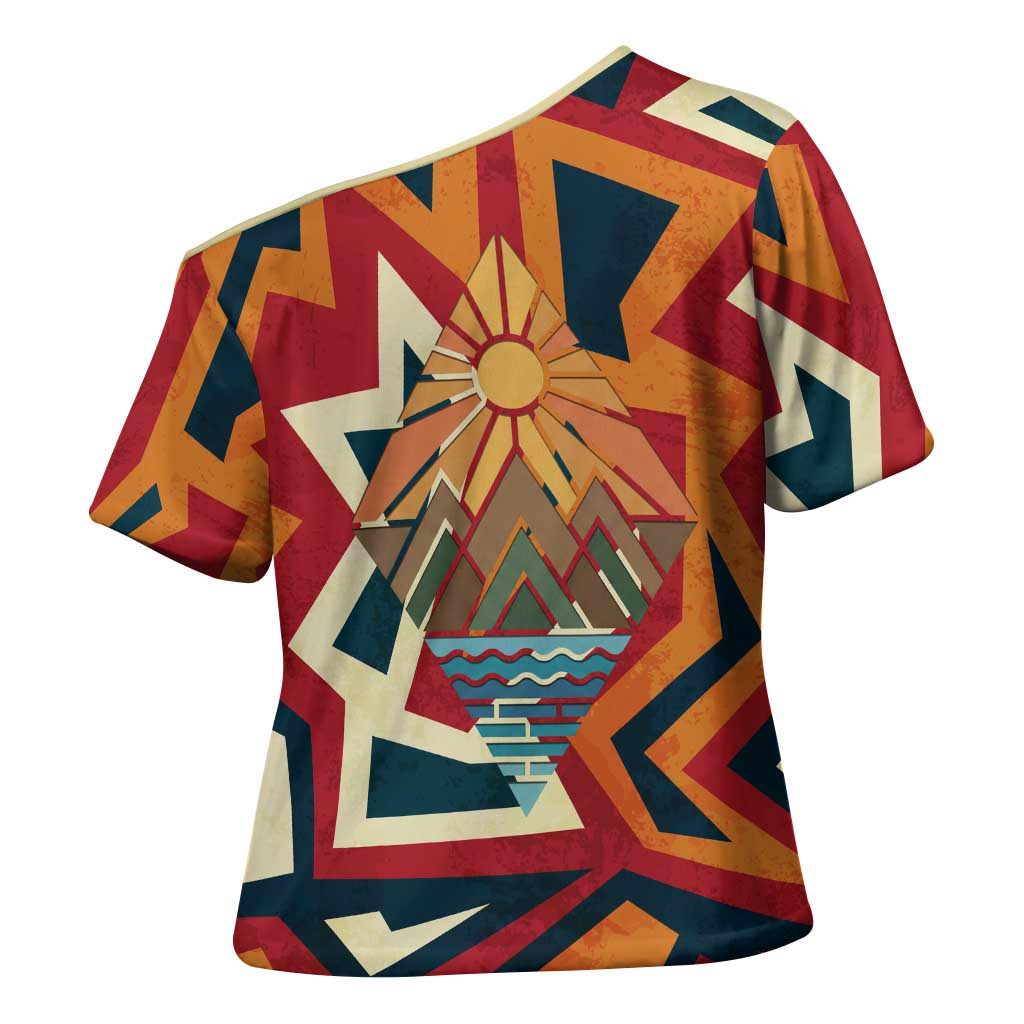 Native American Warrior Cross Shoulder Shirt with Tribal Geometric Pattern Bold Sunset Mountain - Wonder Print Shop
