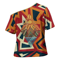 Native American Warrior Cross Shoulder Shirt with Tribal Geometric Pattern Bold Sunset Mountain - Wonder Print Shop