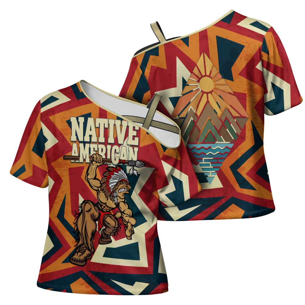 Native American Warrior Cross Shoulder Shirt with Tribal Geometric Pattern Bold Sunset Mountain - Wonder Print Shop