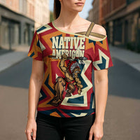 Native American Warrior Cross Shoulder Shirt with Tribal Geometric Pattern Bold Sunset Mountain - Wonder Print Shop
