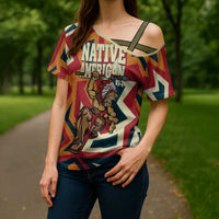 Native American Warrior Cross Shoulder Shirt with Tribal Geometric Pattern Bold Sunset Mountain - Wonder Print Shop
