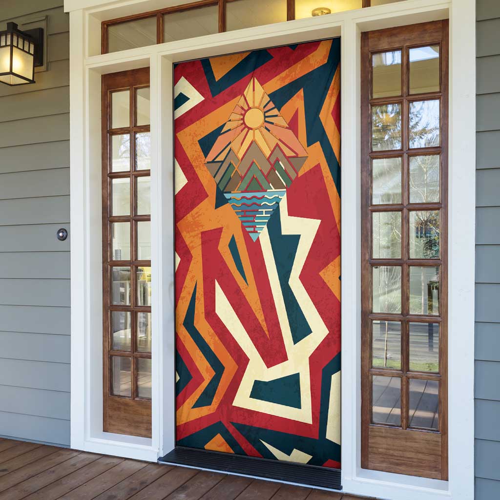 Native American Warrior Door Cover with Tribal Geometric Pattern Bold Sunset Mountain - Wonder Print Shop