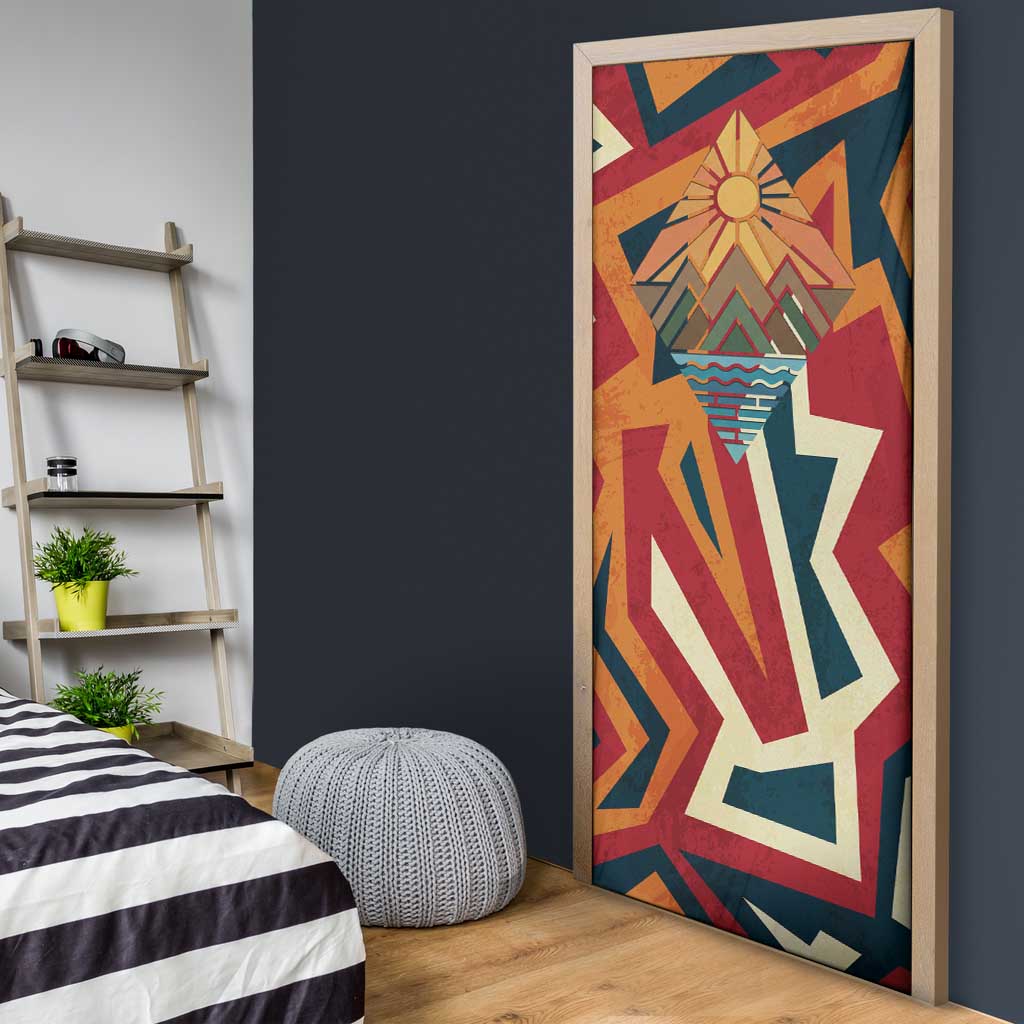 Native American Warrior Door Cover with Tribal Geometric Pattern Bold Sunset Mountain - Wonder Print Shop