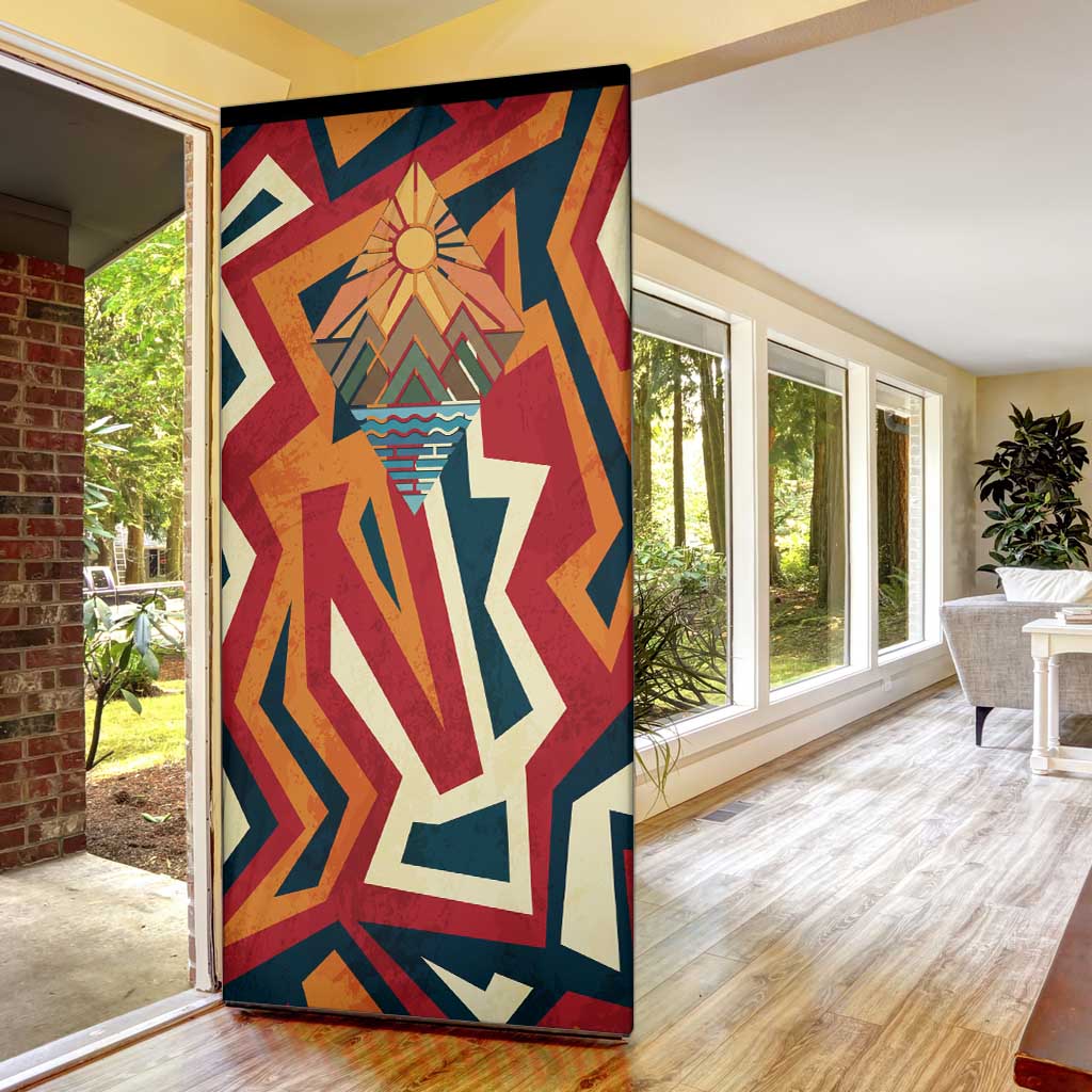 Native American Warrior Door Cover with Tribal Geometric Pattern Bold Sunset Mountain - Wonder Print Shop
