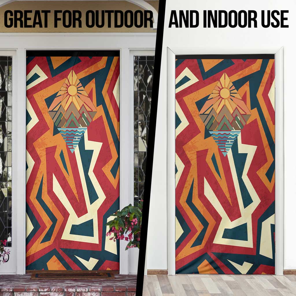 Native American Warrior Door Cover with Tribal Geometric Pattern Bold Sunset Mountain - Wonder Print Shop