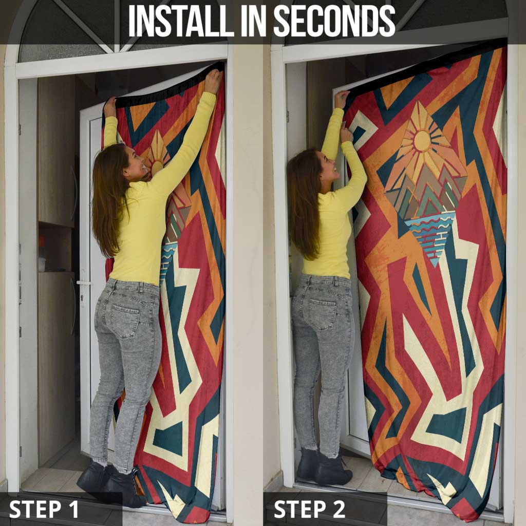 Native American Warrior Door Cover with Tribal Geometric Pattern Bold Sunset Mountain - Wonder Print Shop