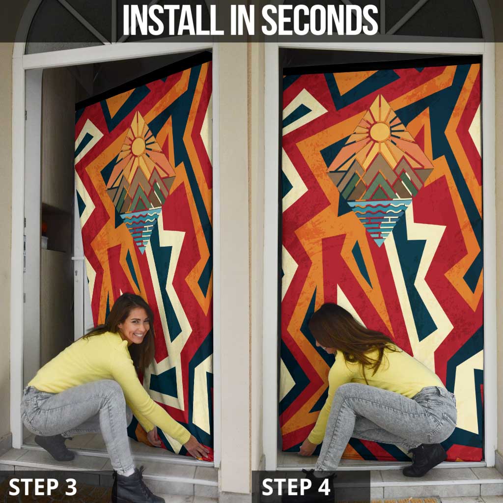 Native American Warrior Door Cover with Tribal Geometric Pattern Bold Sunset Mountain - Wonder Print Shop