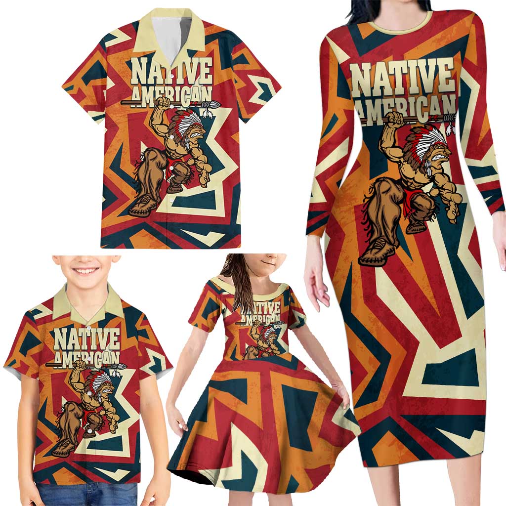Native American Warrior Family Matching Long Sleeve Bodycon Dress and Hawaiian Shirt with Tribal Geometric Pattern Bold Sunset Mountain - Wonder Print Shop