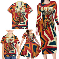 Native American Warrior Family Matching Long Sleeve Bodycon Dress and Hawaiian Shirt with Tribal Geometric Pattern Bold Sunset Mountain - Wonder Print Shop