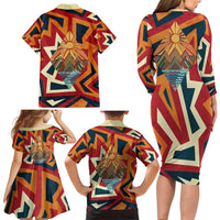 Native American Warrior Family Matching Long Sleeve Bodycon Dress and Hawaiian Shirt with Tribal Geometric Pattern Bold Sunset Mountain - Wonder Print Shop