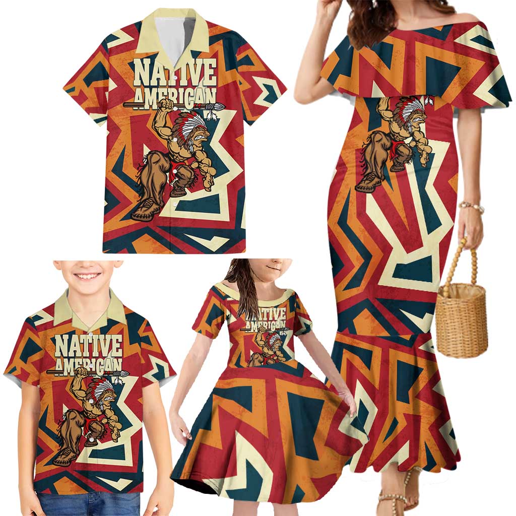 Native American Warrior Family Matching Mermaid Dress and Hawaiian Shirt with Tribal Geometric Pattern Bold Sunset Mountain - Wonder Print Shop