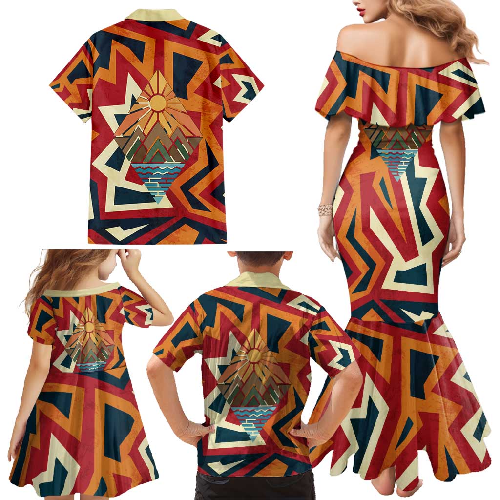 Native American Warrior Family Matching Mermaid Dress and Hawaiian Shirt with Tribal Geometric Pattern Bold Sunset Mountain - Wonder Print Shop