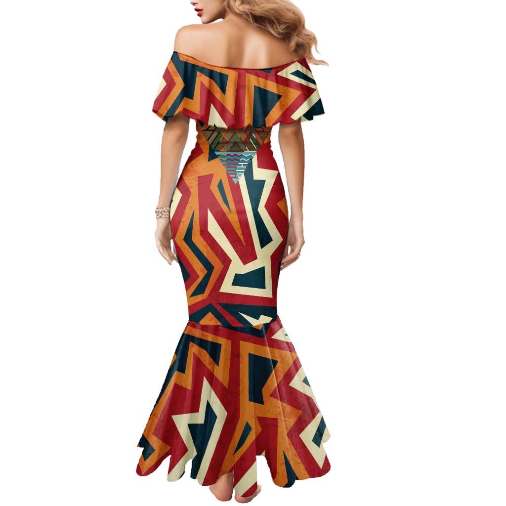 Native American Warrior Family Matching Mermaid Dress and Hawaiian Shirt with Tribal Geometric Pattern Bold Sunset Mountain - Wonder Print Shop