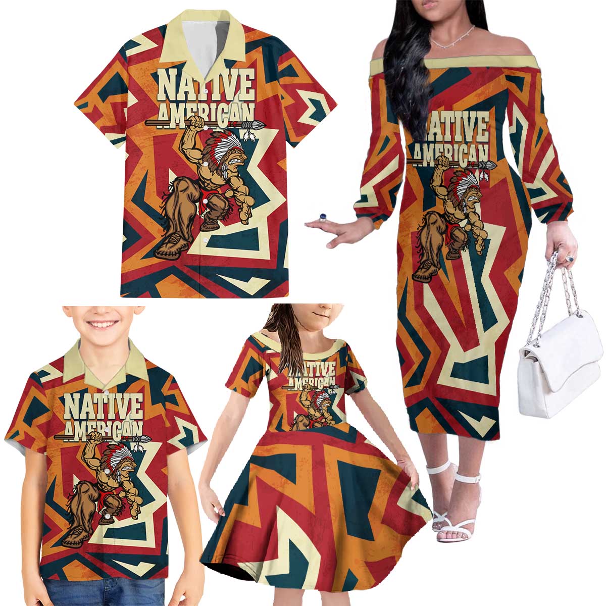 Native American Warrior Family Matching Off The Shoulder Long Sleeve Dress and Hawaiian Shirt with Tribal Geometric Pattern Bold Sunset Mountain - Wonder Print Shop