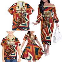 Native American Warrior Family Matching Off The Shoulder Long Sleeve Dress and Hawaiian Shirt with Tribal Geometric Pattern Bold Sunset Mountain - Wonder Print Shop