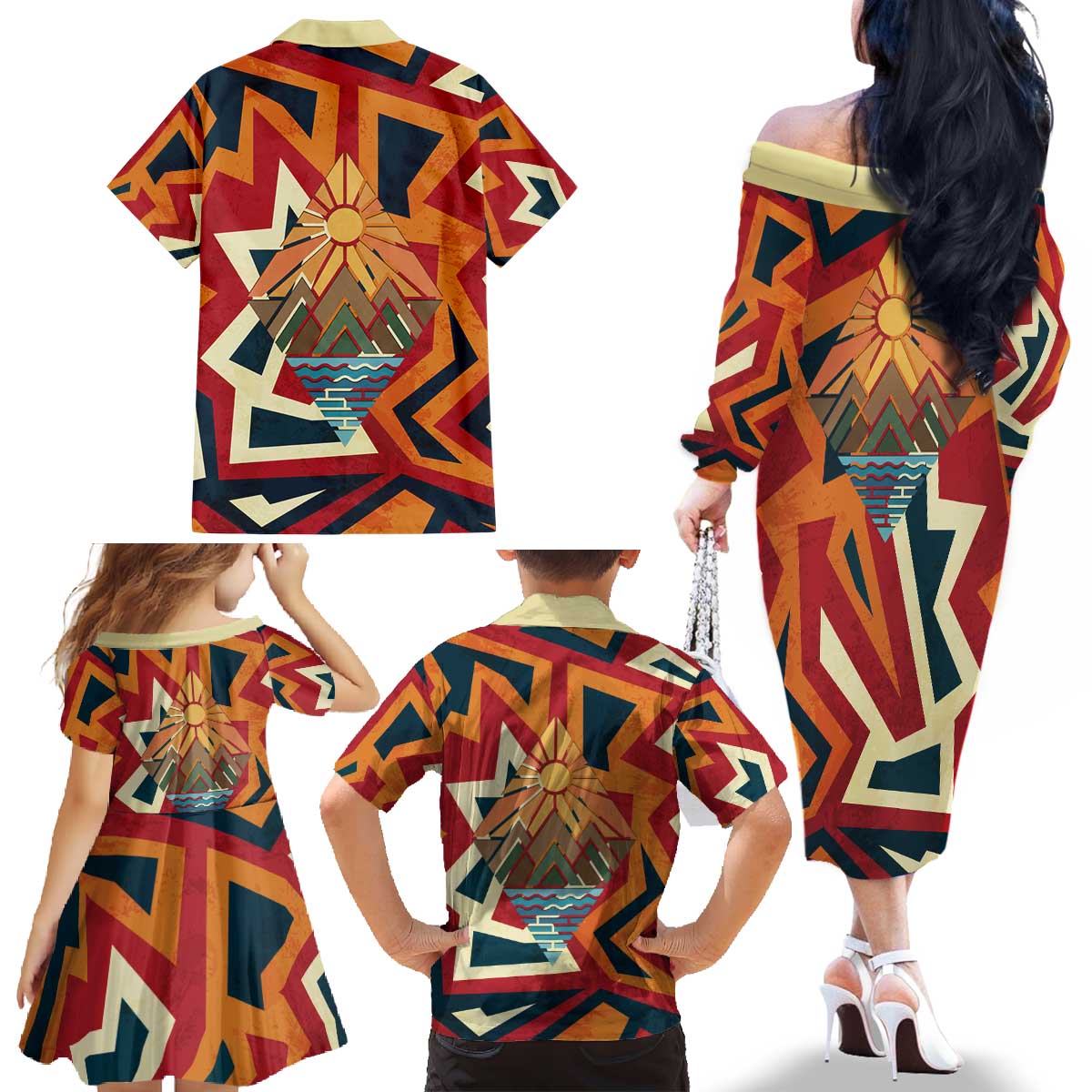 Native American Warrior Family Matching Off The Shoulder Long Sleeve Dress and Hawaiian Shirt with Tribal Geometric Pattern Bold Sunset Mountain - Wonder Print Shop