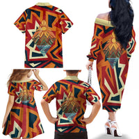 Native American Warrior Family Matching Off The Shoulder Long Sleeve Dress and Hawaiian Shirt with Tribal Geometric Pattern Bold Sunset Mountain - Wonder Print Shop