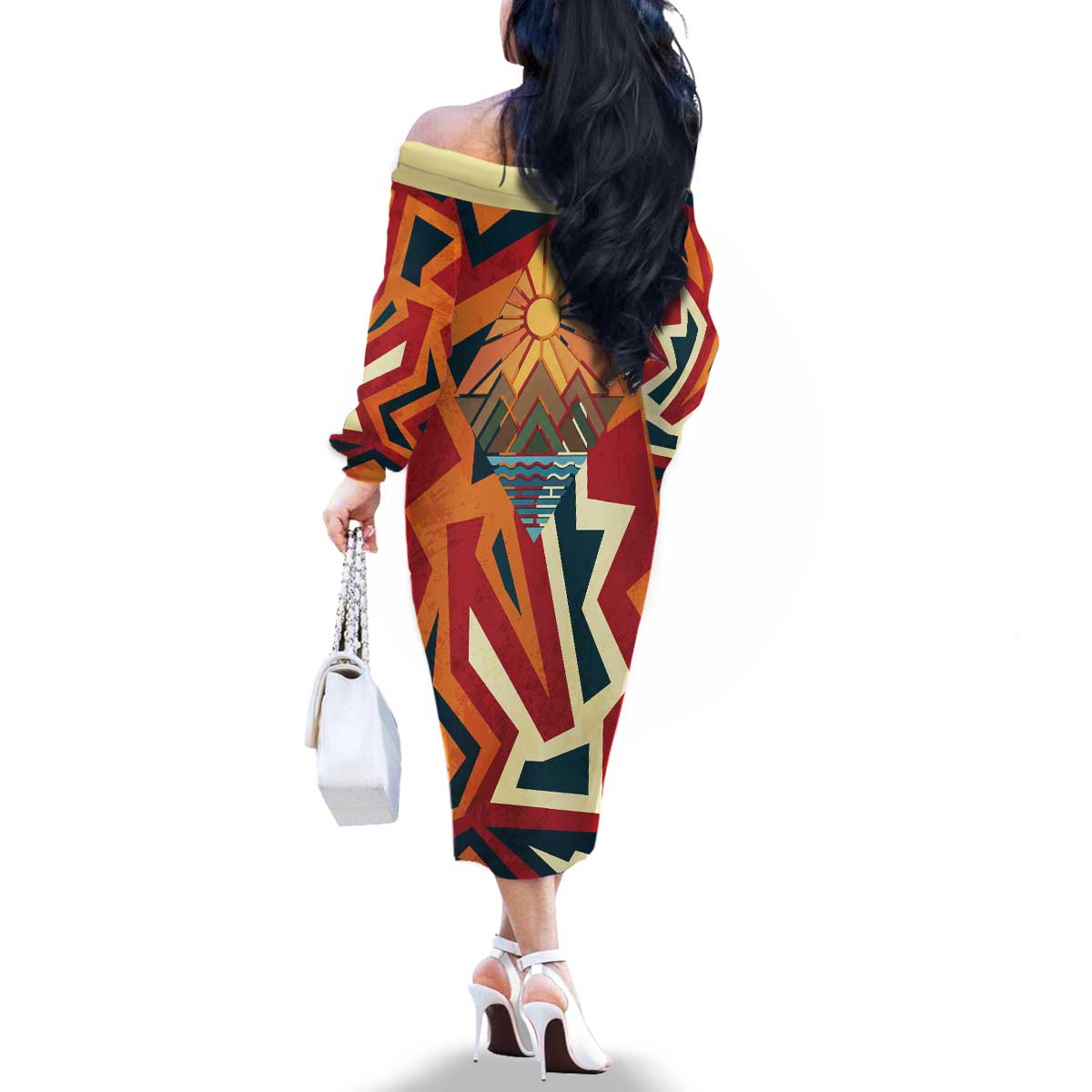 Native American Warrior Family Matching Off The Shoulder Long Sleeve Dress and Hawaiian Shirt with Tribal Geometric Pattern Bold Sunset Mountain - Wonder Print Shop