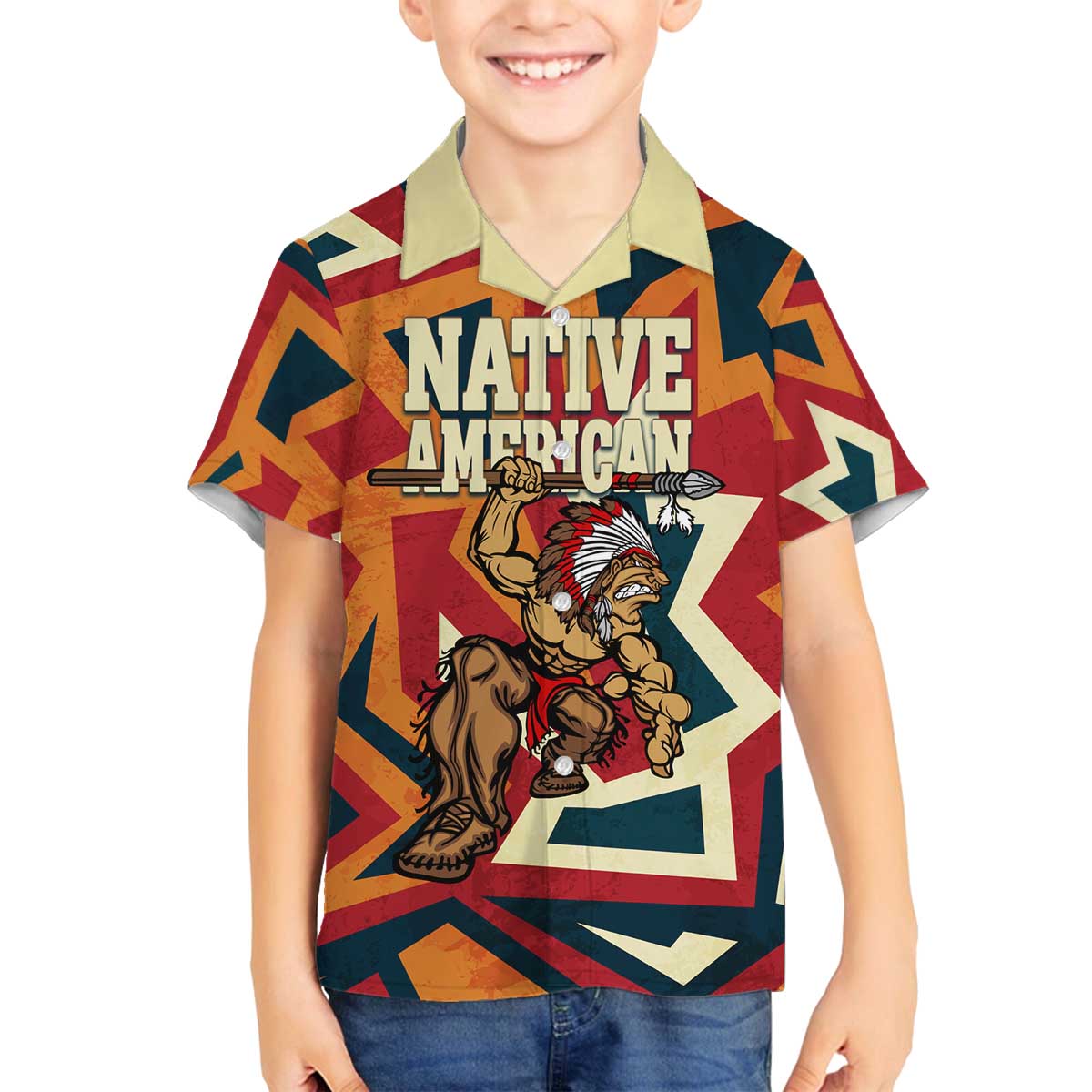 Native American Warrior Family Matching Off The Shoulder Long Sleeve Dress and Hawaiian Shirt with Tribal Geometric Pattern Bold Sunset Mountain - Wonder Print Shop