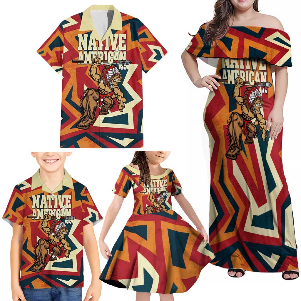 Native American Warrior Family Matching Off Shoulder Maxi Dress and Hawaiian Shirt with Tribal Geometric Pattern Bold Sunset Mountain - Wonder Print Shop
