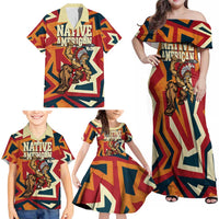 Native American Warrior Family Matching Off Shoulder Maxi Dress and Hawaiian Shirt with Tribal Geometric Pattern Bold Sunset Mountain - Wonder Print Shop