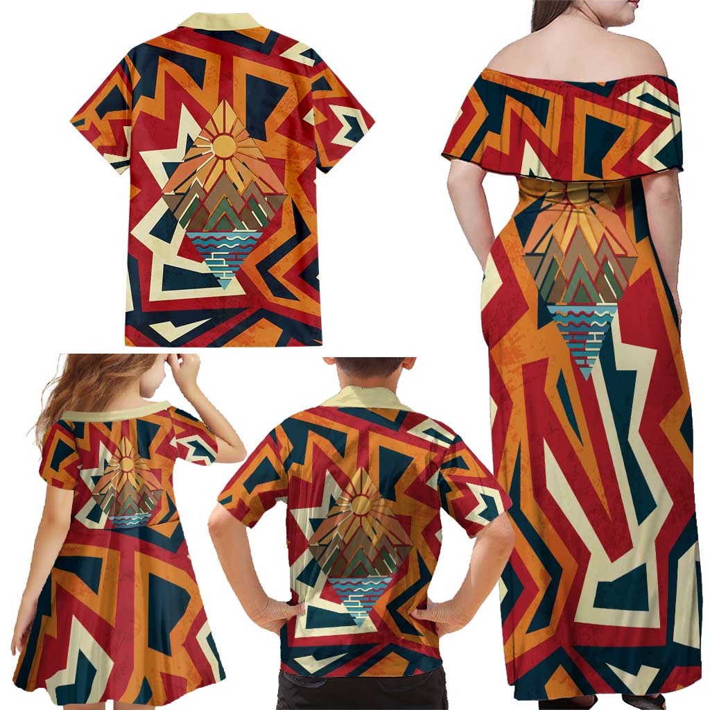Native American Warrior Family Matching Off Shoulder Maxi Dress and Hawaiian Shirt with Tribal Geometric Pattern Bold Sunset Mountain - Wonder Print Shop