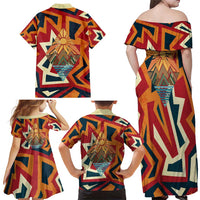 Native American Warrior Family Matching Off Shoulder Maxi Dress and Hawaiian Shirt with Tribal Geometric Pattern Bold Sunset Mountain - Wonder Print Shop