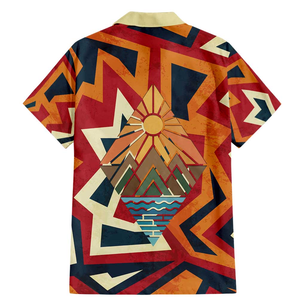 Native American Warrior Family Matching Off Shoulder Maxi Dress and Hawaiian Shirt with Tribal Geometric Pattern Bold Sunset Mountain - Wonder Print Shop