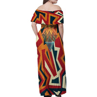 Native American Warrior Family Matching Off Shoulder Maxi Dress and Hawaiian Shirt with Tribal Geometric Pattern Bold Sunset Mountain - Wonder Print Shop