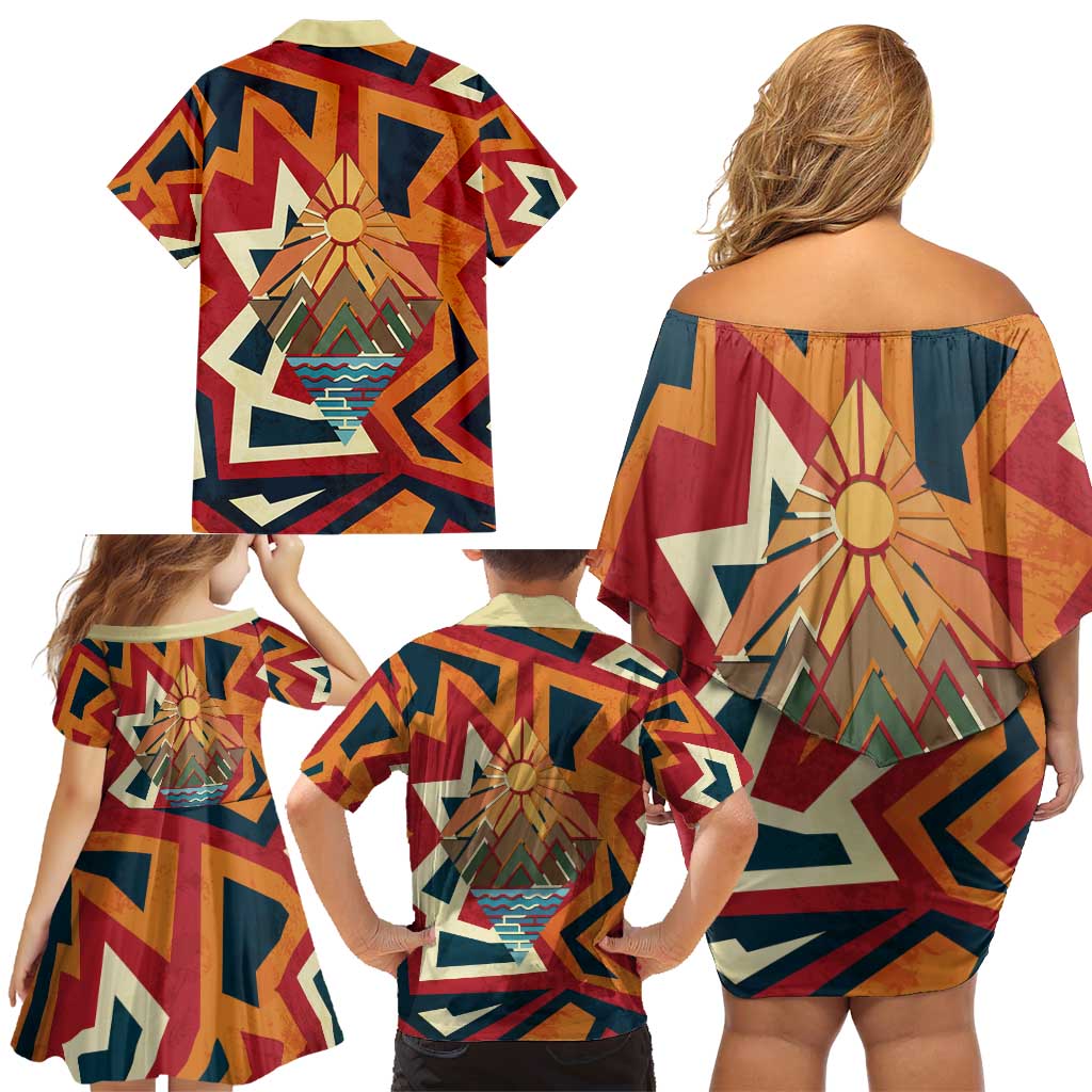 Native American Warrior Family Matching Off Shoulder Short Dress and Hawaiian Shirt with Tribal Geometric Pattern Bold Sunset Mountain - Wonder Print Shop