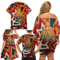 Native American Warrior Family Matching Off Shoulder Short Dress and Hawaiian Shirt with Tribal Geometric Pattern Bold Sunset Mountain - Wonder Print Shop