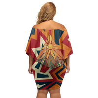 Native American Warrior Family Matching Off Shoulder Short Dress and Hawaiian Shirt with Tribal Geometric Pattern Bold Sunset Mountain - Wonder Print Shop